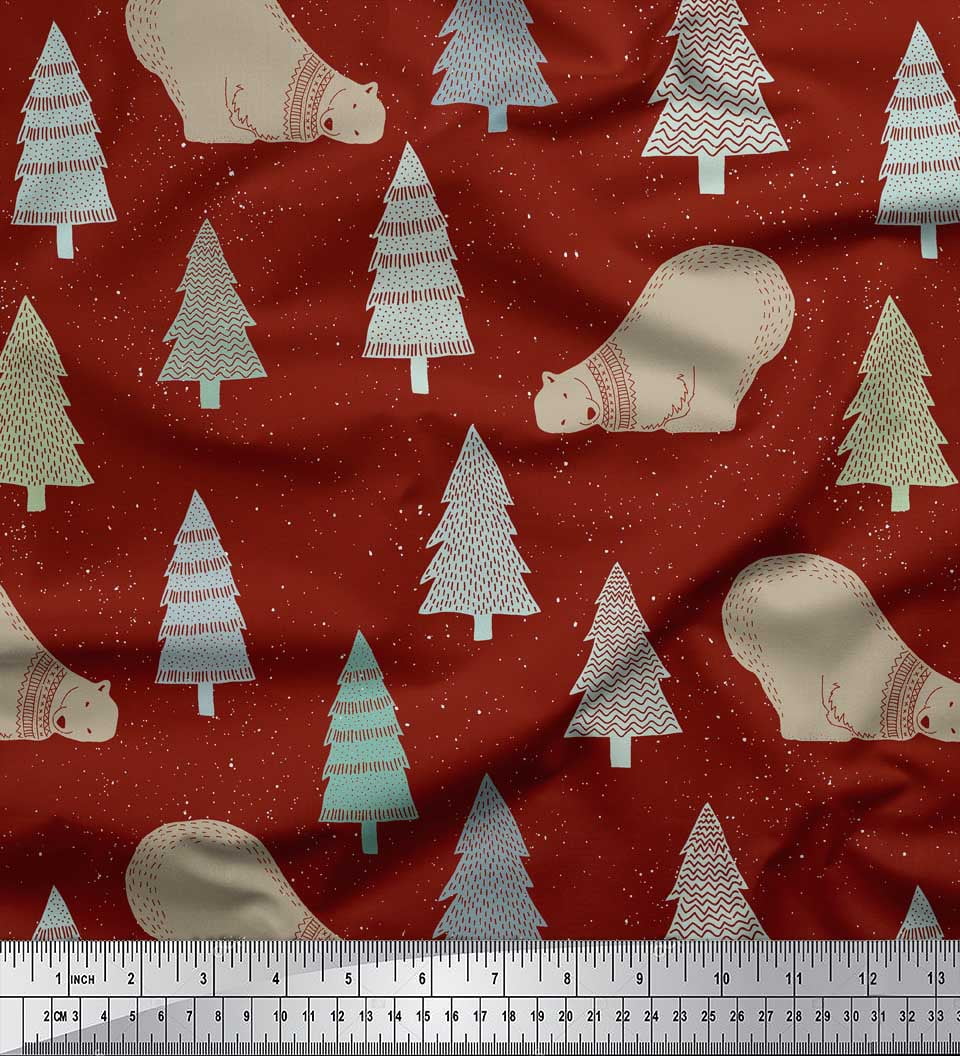 Soimoi Red Cotton Voile Fabric Bear & Tree Christmas Print Fabric by Yard 56 Inch Wide