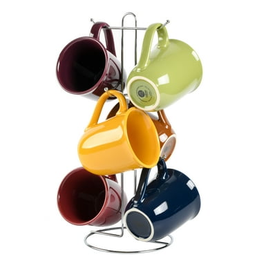 Gibson Home Everyday Contempo Hues Assorted Ceramic 15-Ounce Mug Set with Rack, Set of 6