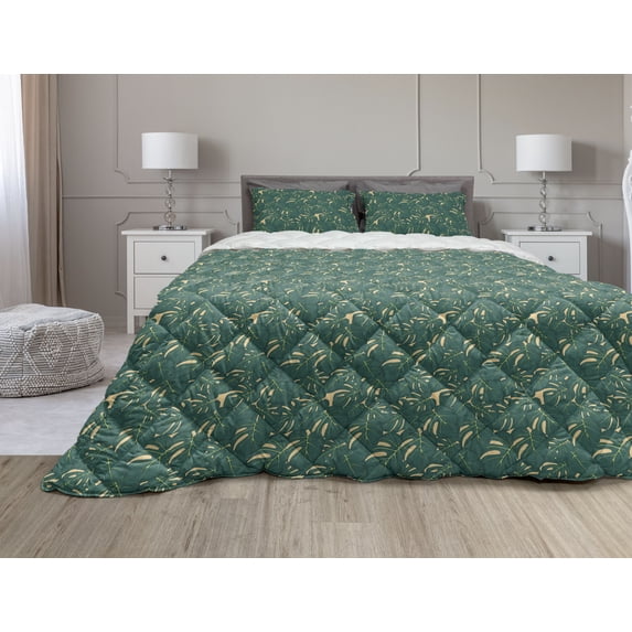 Tropic Comforter & Sham Bedding Set, Abstract Natural Greenery Exotic Jungle Monstera Leaves Botany Composition, 3 pcs Duvet Set Microfiber Filling Quilt, 5 Sizes, Forest Green Mustard, by Ambesonne