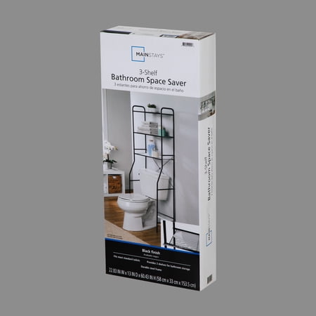 MAINSTAYS OVER-THE-TOILET STEEL STORAGE UNIT WITH 3 SHELVES AND LINERS, MATTE BLACK