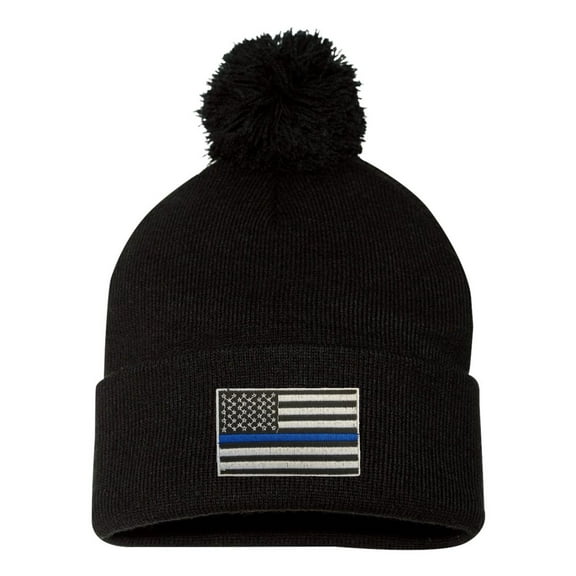 Adult Thin Blue Line USA Flag Embroidered Knit Beanie Pom Cap