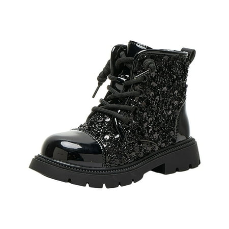 Povozer Girls Glitter Ankle Boots Lace Up Waterproof Combat Shoes With Side Zipper for Kid(Black 4.5-5 Years)