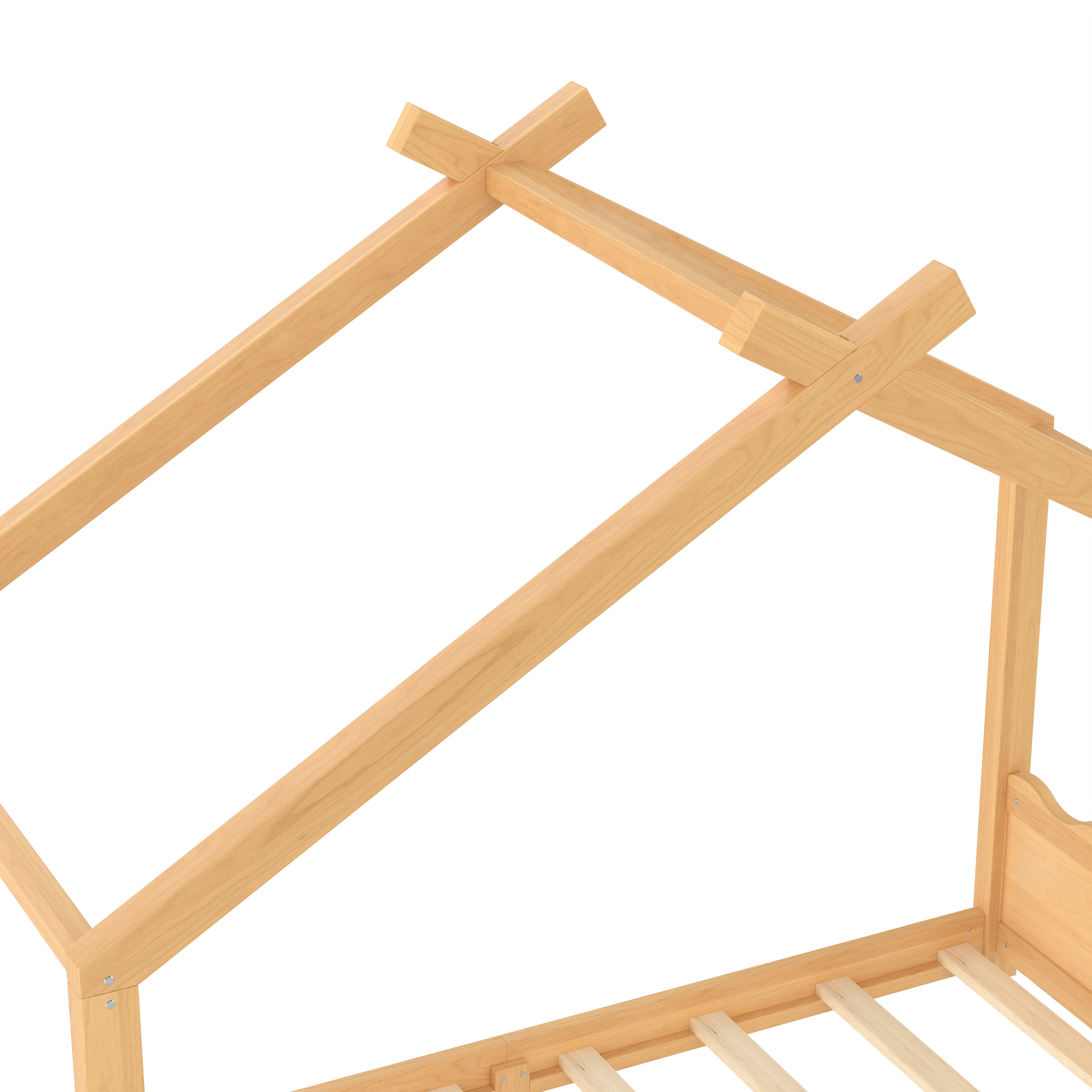 Yoneston Twin House Floor Bed with Roof, Solid Wood Platform Bed Frame with Opening Constructure for Kids, No Box Spring Needed, Natural
