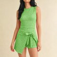 thumbnail image 2 of Women's Sweet Plaid Gingham Sleeveless Jumpsuits Tie Waist Wrap Skirt Overlay Shorts Rompers Summer Beach Vacation Outfits Loungewear Green, 2 of 7