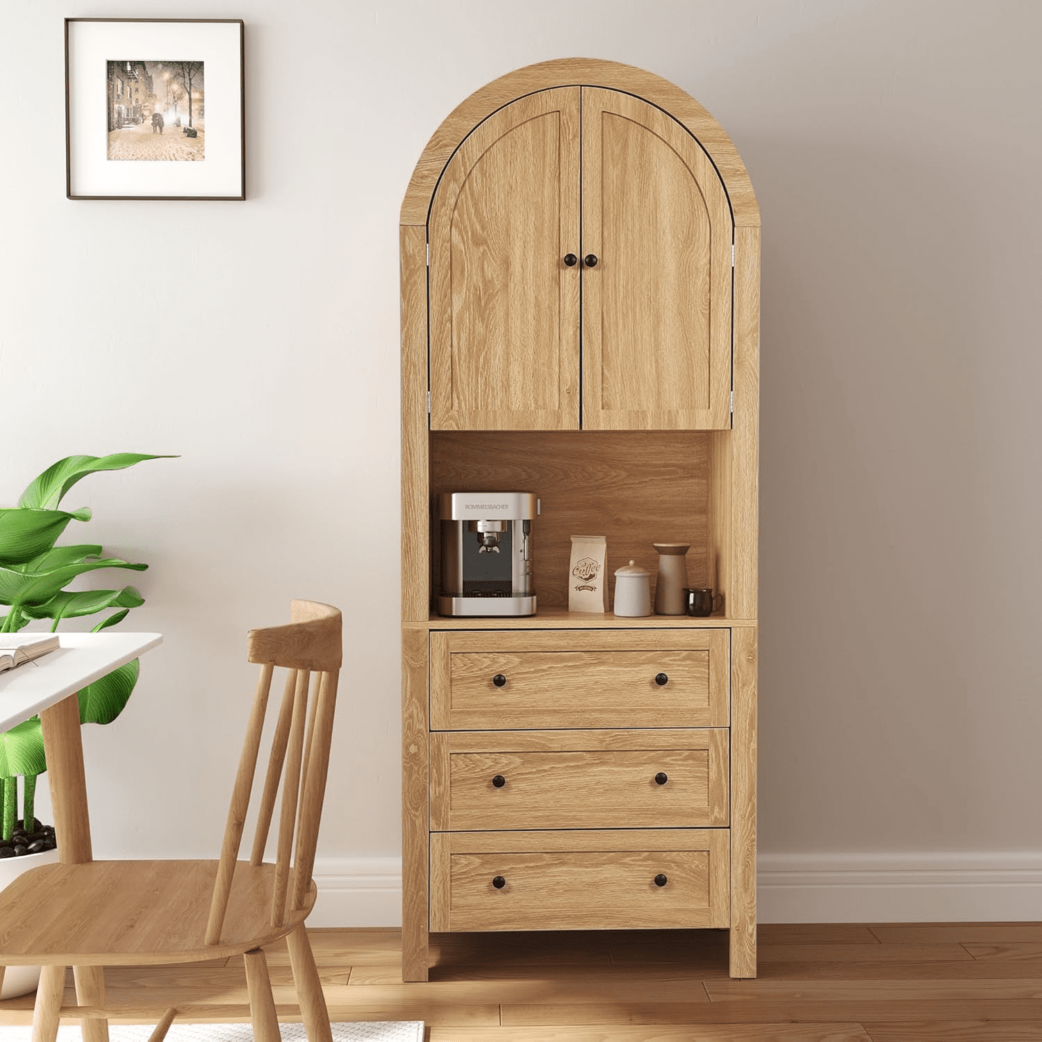 LEFHDA 6-Tier Arched Storage Cabinet with Drawer, Cabinet with Doors and Countertop, Arched Bookcase with Storage, Kitchen Pantry Cabinet, Wooden Storage Cabinet for Living Room