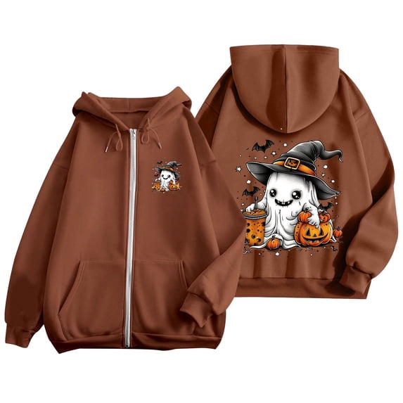 FASHOFT Zip Up Hoodie Women Oversized Halloween Graphic Fleece Jacket with Pockets Funny Ghost Spooky Season Sweatshirt Coffee XXXL