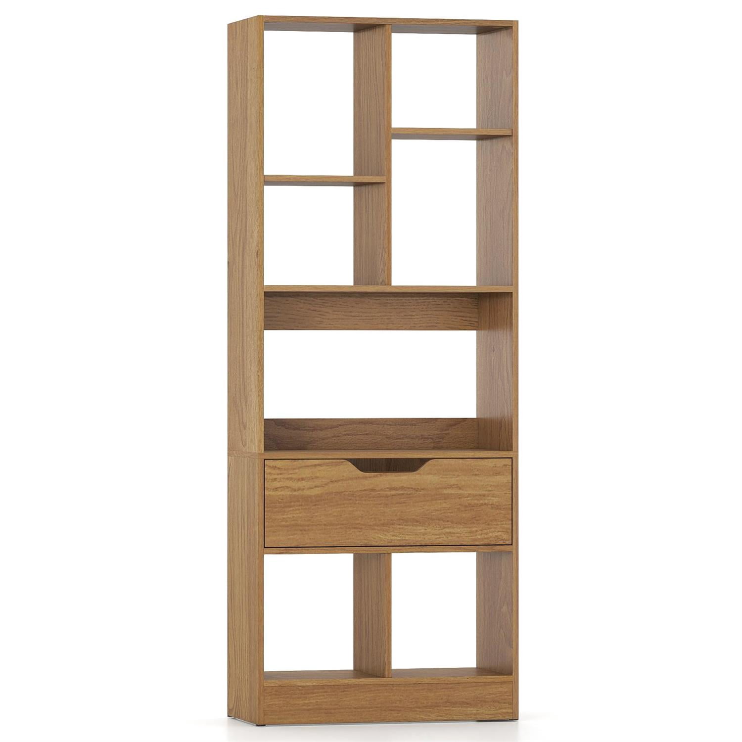 Spaco Natural 61 Inch Tall Freestanding Bookcase with Drawer, 8-Cube Organizer & Anti-Tip Design for Home Office