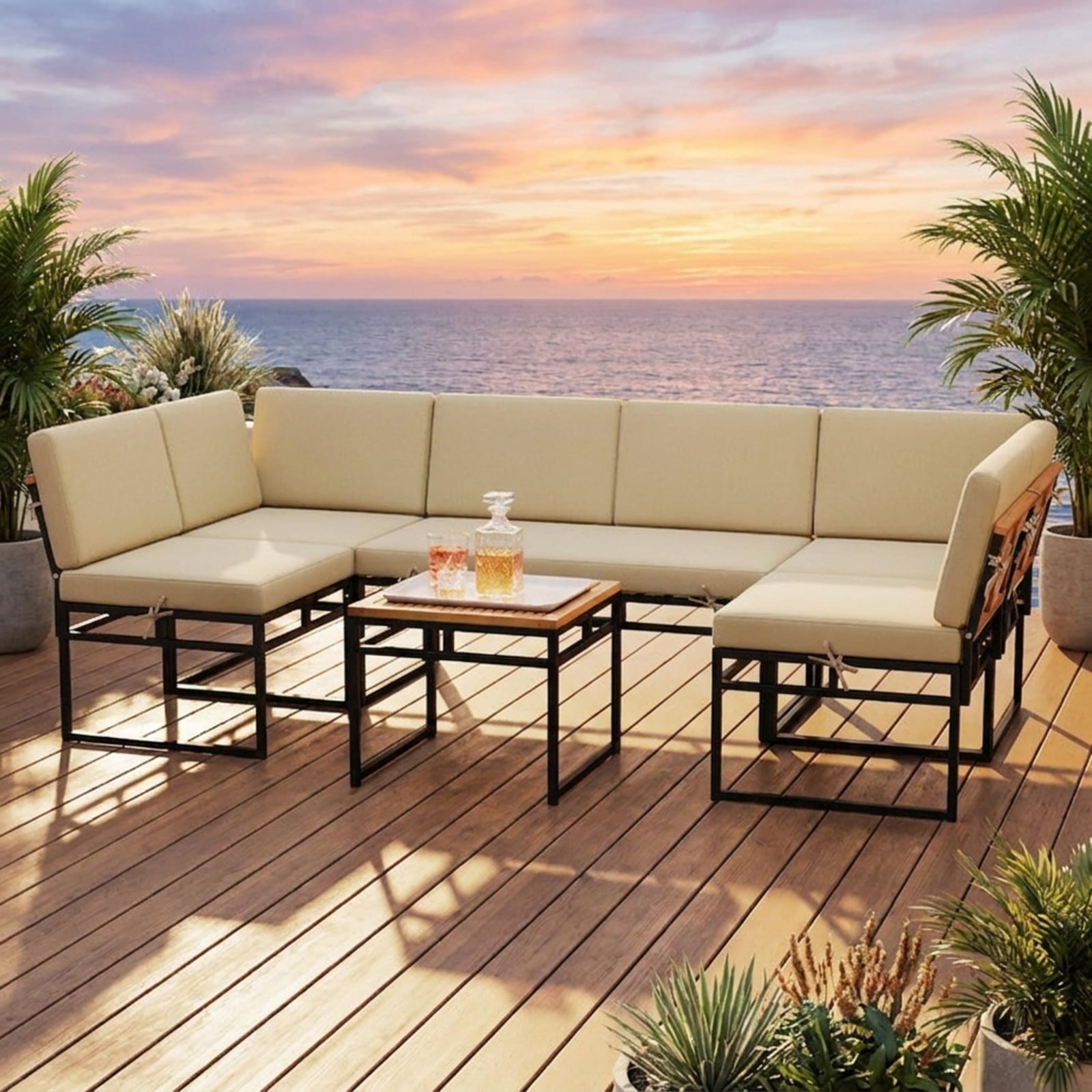 Furnibear 6 Piece Outdoor Sectional Sofa Set Metal Acacia Wood Patio Conversation Set with Cushions and Coffee Table for Backyard Garden, Beige