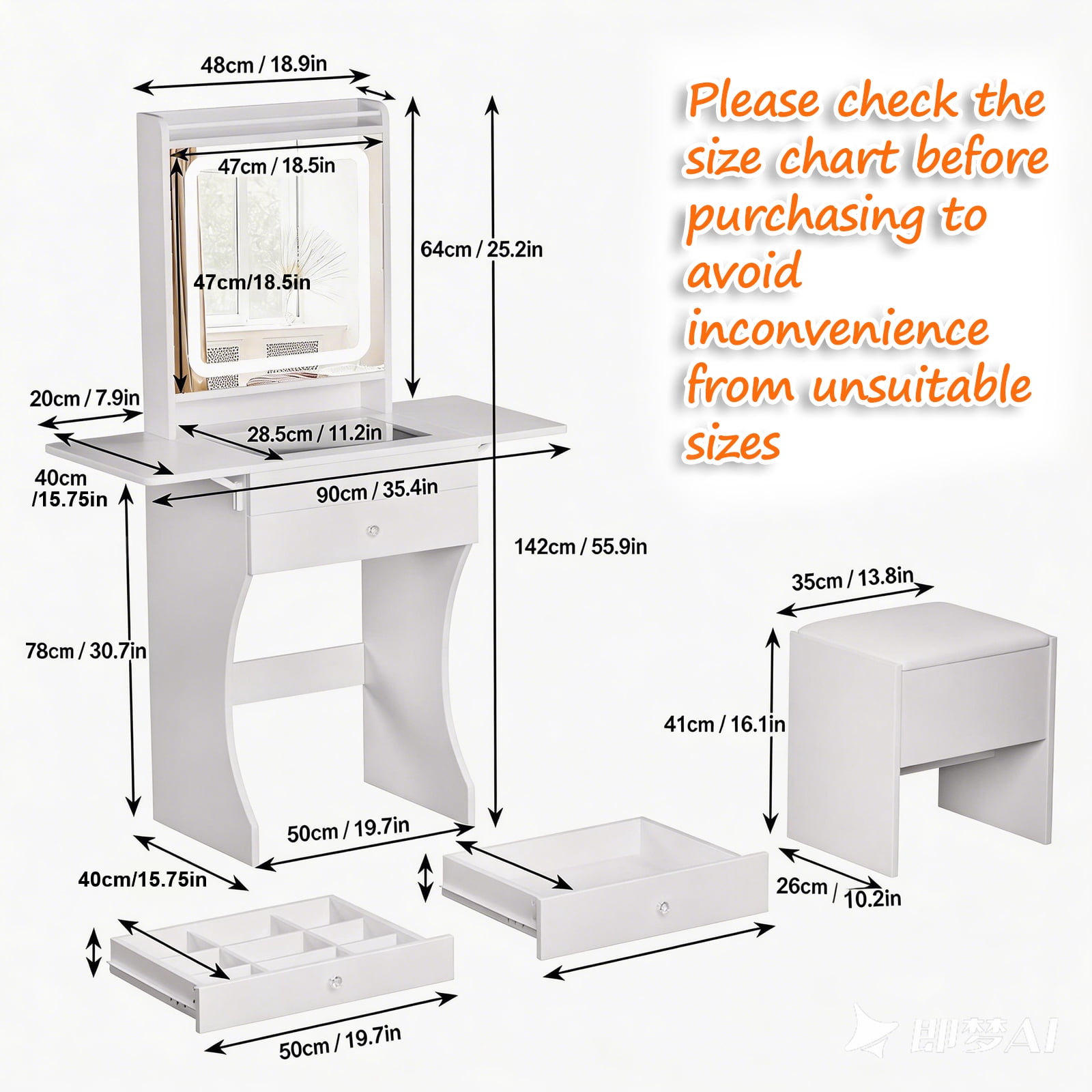 Mintazer Compact Vanity Desk with LED Mirror & Foldable Side Tables, Makeup Vanity Set with Tempered Glass Top & 2 Drawers and Stool, White