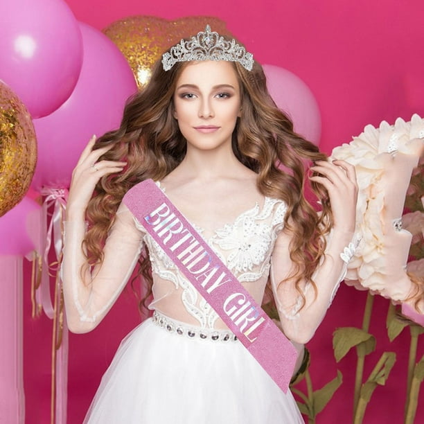 Couronne De Princesse Pour Fille D'Anniversaire Avec Écharpe Pour Femmes Fournitures De Fête Joyeux Anniversaire Rose