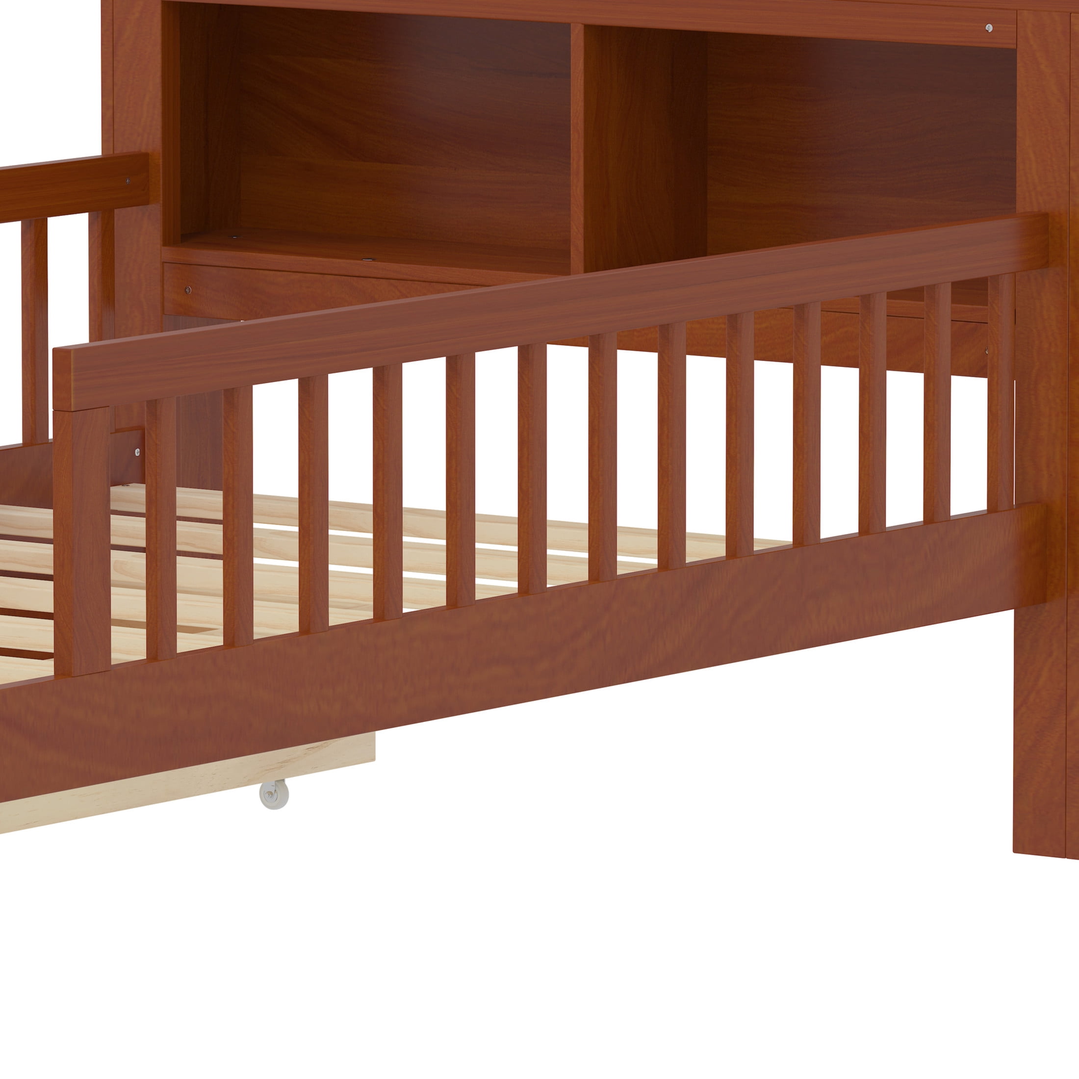 Noble House Twin Bed Frame with Headboard Storage Rack, 2 Drawers, and Safety Guardrails, Walnut