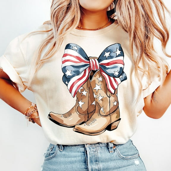 Patriotic Coquette Cowgirl Boots T-Shirt, Preppy 4th of July Western Shirt, American Flag Bow Tee, Red White Blue USA Shirt