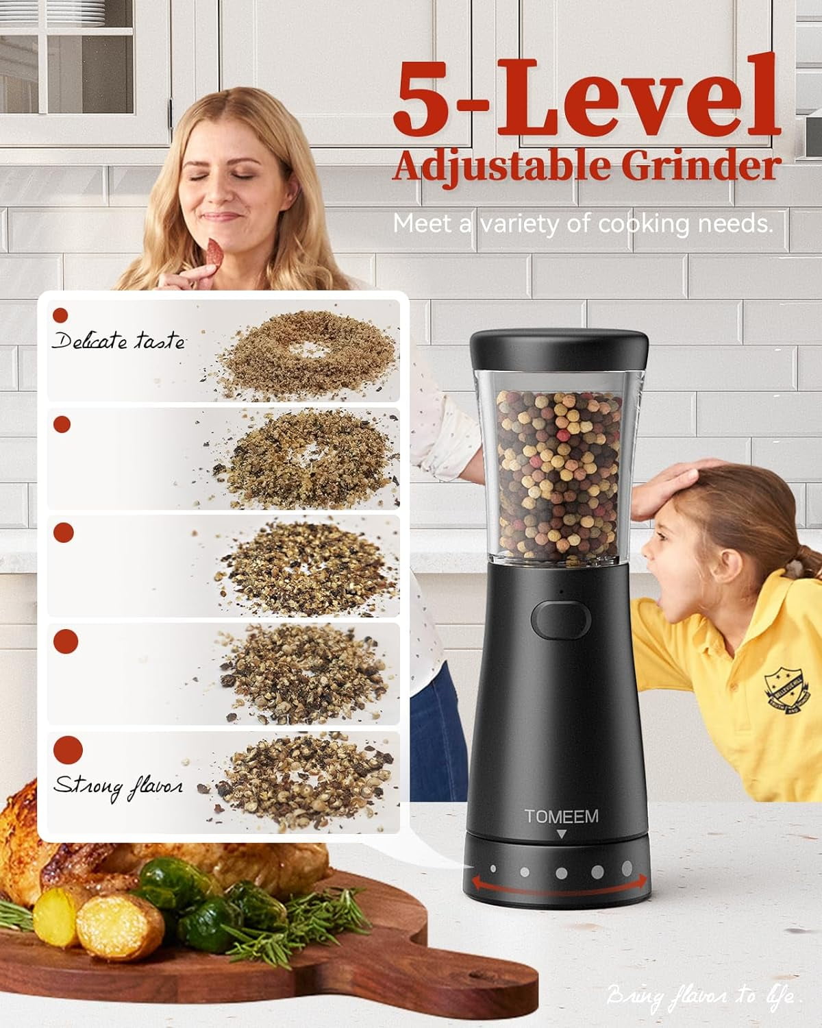 Tomeem Electric Salt and Pepper Grinder Set Rechargeable Adjustable Coarseness Stainless Steel Automatic Shaker with Light