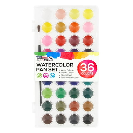 Jumbo Watercolor Set - U.S. Art Supply 36 Color Watercolor Artist Paint Set with Plastic Palette Lid Case and Paintbrush - Watersoluable Cakes