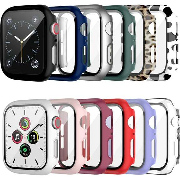12 Pack Case with Tempered Glass Screen Protector for Apple Watch 44mm Series 6/SE/Series 5/Series 4, Full Matte Leopard Cow Pattern PC Cover for Iwatch 44mm Accessories (12 Colors, 44mm)
