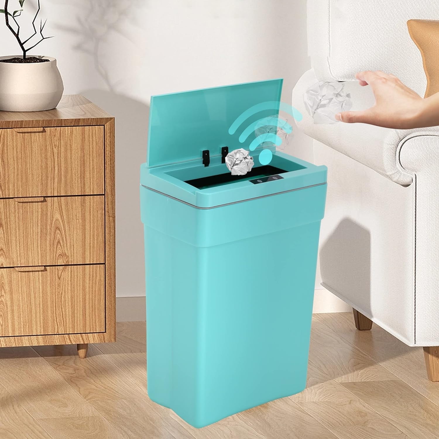 BIQWBIC 13 Gallon Plastic Automatic Trash Can,Motion Sensor Kitchen Trash Can, Blue