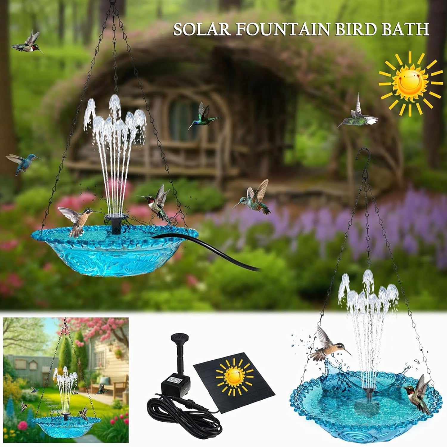 Stijggn Solar Fountain for Bird Bath Outdoor Hanging USB Powered Water Fountain Bird Bath Perfect for Backyard Decor, Patio Decoration, Garden Parties and Outdoor Relaxation