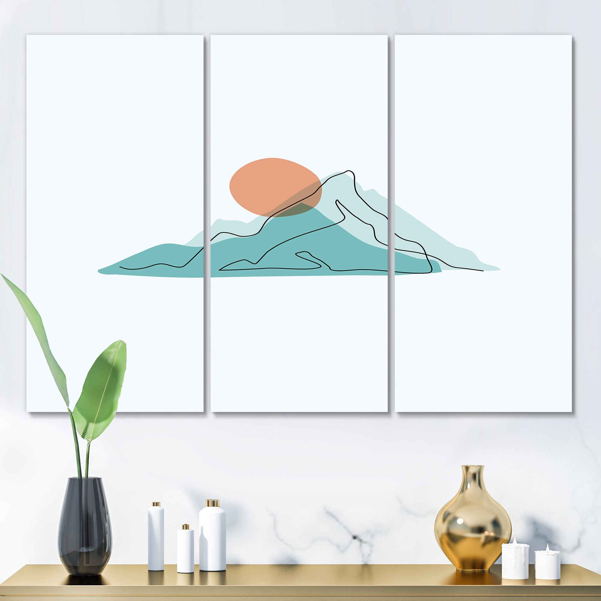 Designart ' Abstract Blue Mountains With Red Moon II ' Modern Canvas Wall Art Print