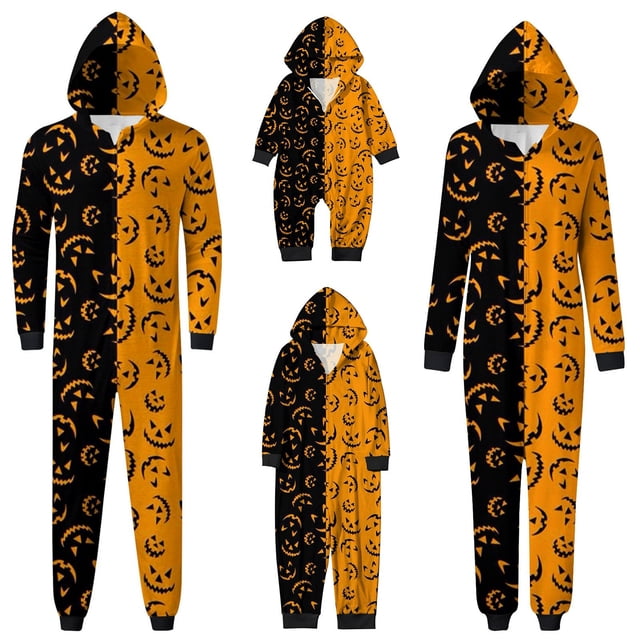 Aocisk Pyjama Chaud d'Halloween pour la Famille avec Imprimé Décontracté à la Mode, Combinaison à Capuche avec Fermeture Éclair pour Papa, Confortable, Orange, TTG