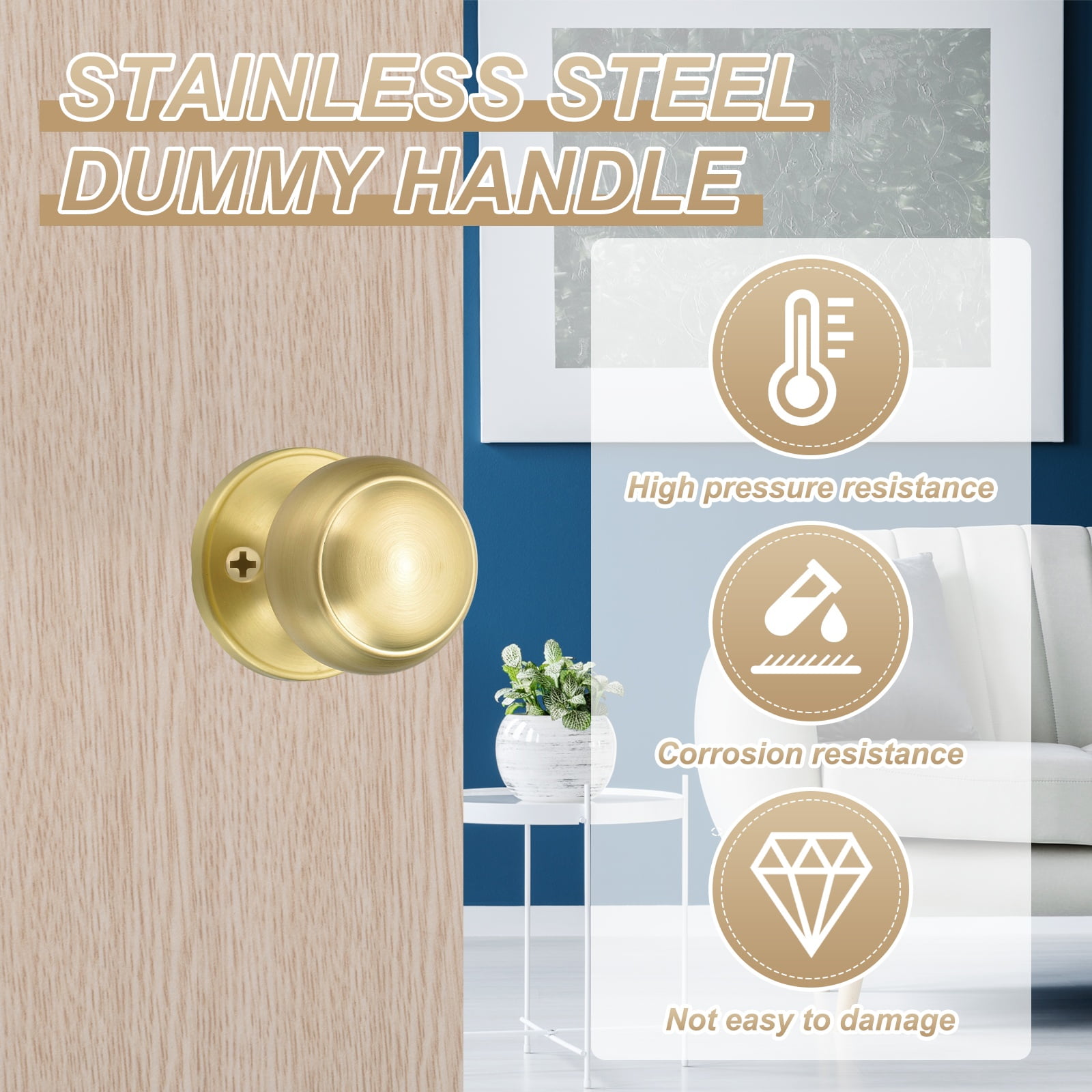 4 Pcs Dummy Door Handles Round Stainless Steel Door Knobs Non-Turning Side Knob Gold