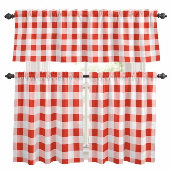 Orange Red Checkered Kitchen Curtains Sets for Windows 24 Inch Length, Farmhouse Buffalo Plaid Rod Pocket Window Treatments Tier Curtains and Valances Set for Bedroom/Bathroom