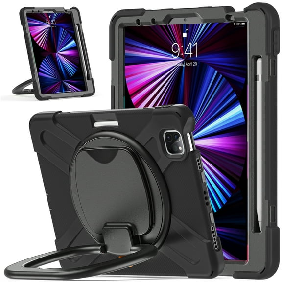 ELEHOLD Rugged Case for iPad Air 11 inch 2024/iPad Air 4th/5th Gen/iPad Pro 11" 2020/2021/2020/2018,Shockproof Silicone Case with 360° Rotation Kickstand Handle Grip Heavy Duty Cover,Black