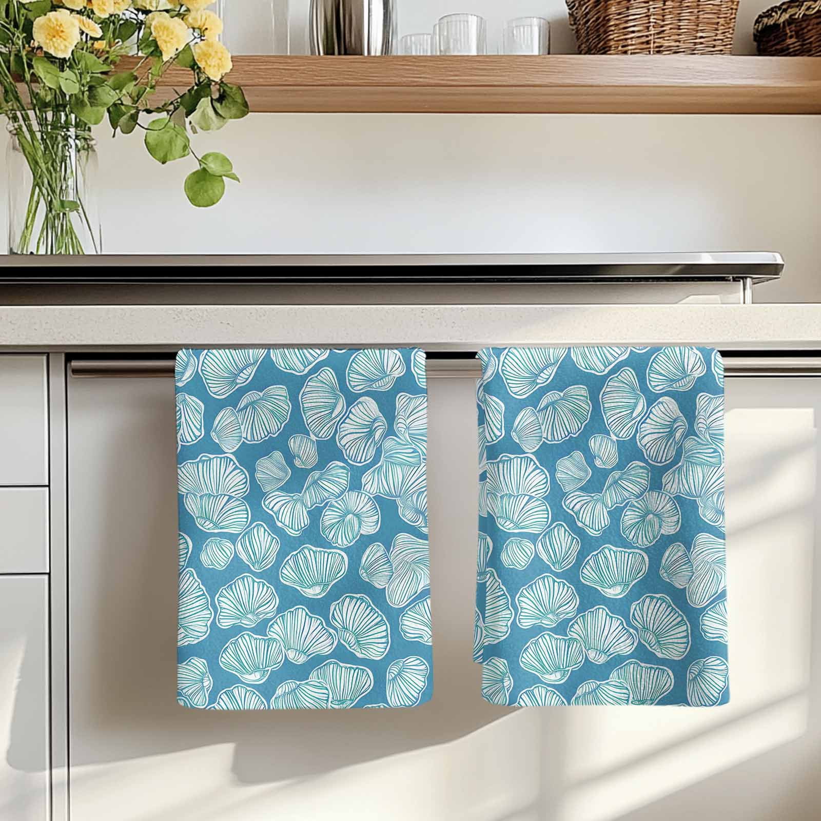 Dish Towels, Blue Conch Shell Absorbent Kitchen Towels 2 PCS, Ocean Marine Life Microfiber Hand Towels Dish Cloths Tea Towels for Home&nbsp;Bathroom Cleaning Drying,18X28-Inch,