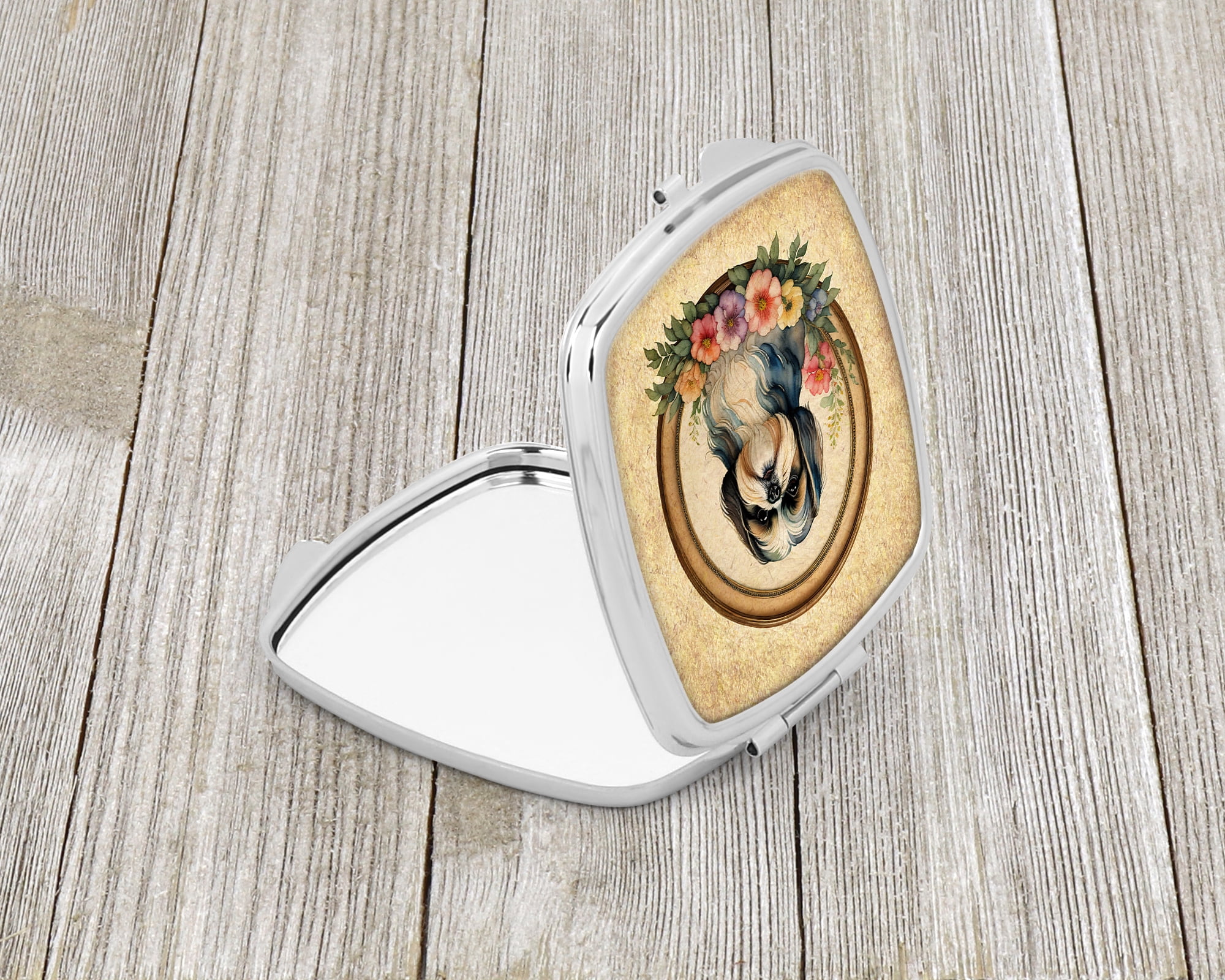 Shih Tzu and Flowers Compact Mirror 2.75 in x 3 in