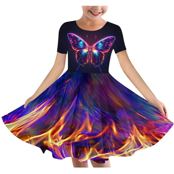 QIPOPIQ Girl's Summer Van Gogh Art 3D Print Crewneck Short Sleeve T-Shirt Swing Dress Clearance