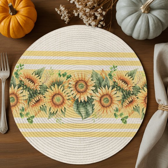 Vintage Sunflower Round Braided Placemats Set of 2, Yellow Flower Leaf Striped Pastoral Heat Insulation Place Mats Washable Non-Slip Table Mats for Kitchen Dining Party, 13 Inches