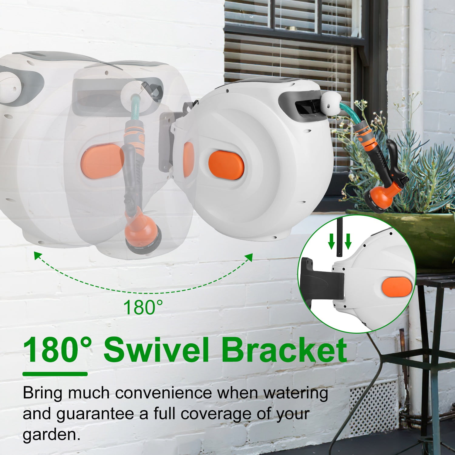 Moclever 98.43ft Retractable Garden Hose Reel, 180° Swivel Wall Mounted Automatic Water Hose Reel with Any Length Lock 8 Pattern Spraying Modes for Lawn Garden, Beige