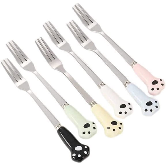 Nvzi Cute Cat Paw Steel Forks, Dessert Forks, 3-Tine Portable Cocktail Salad Fruit Forks for Party Travel, Set of 6, 5.1 Inches