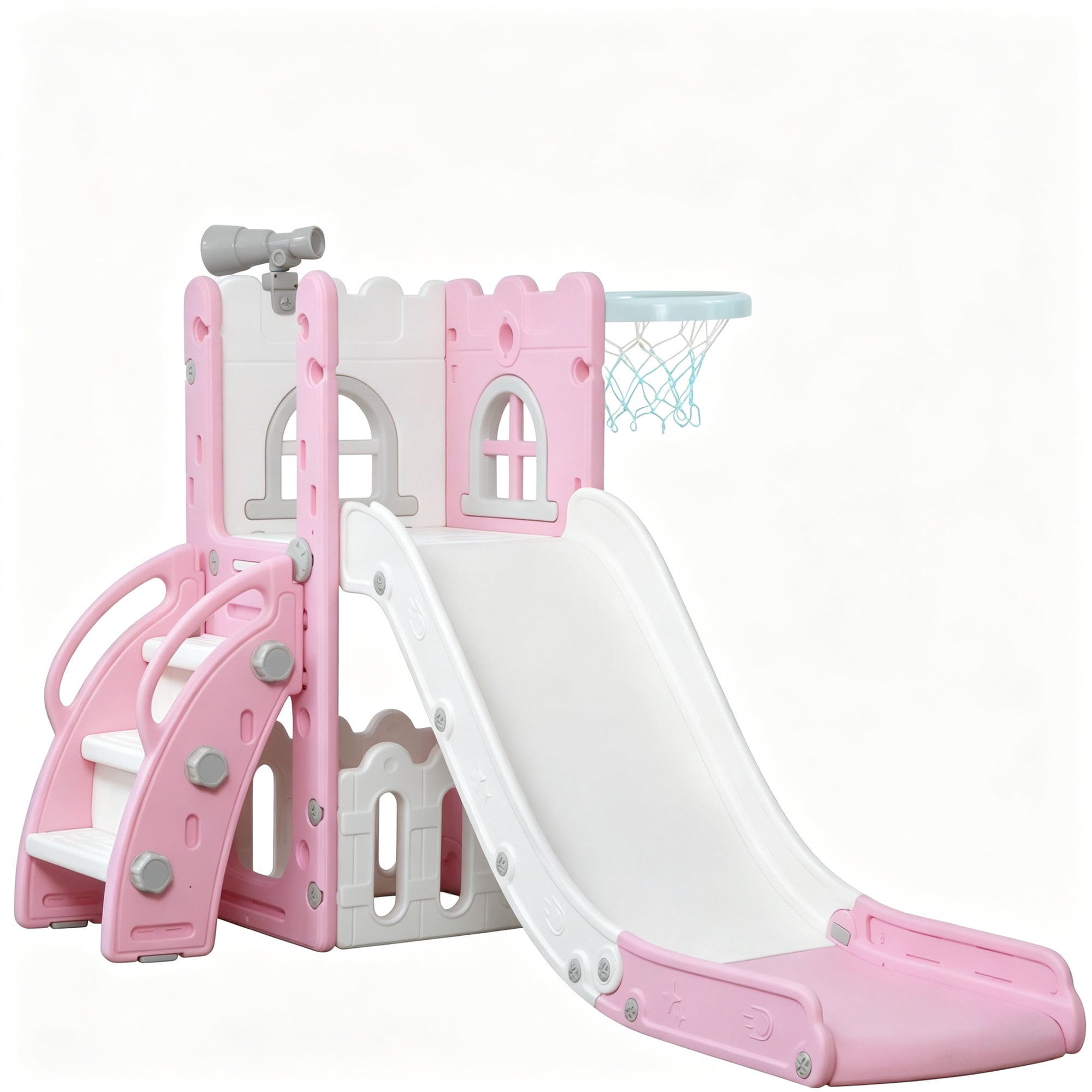 6-in-1 Toddler Slide Play Set for Ages 1&ndash;3 Blue Multi-Functional Indoor Outdoor Kids Slide with Basketball Hoop & Telescope L-Shaped Children Slide Pink