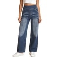 thumbnail image 7 of qucoqpe Womens High Waist Wide Leg Jeans Trendy Elastic Waist Side Zipper Straight Leg Denim Pants with Pockets Dark Blue L, 7 of 7