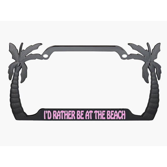 I'd Rather Be at The Beach Style Palm Tree Heavy Duty Metal License Plate Frame Personalise/Car Accessories Car Tag Holder Cover (Black/L.Pink)