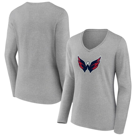 Women's Heather Gray Washington Capitals Primary Logo Team Long Sleeve V-Neck T-Shirt
