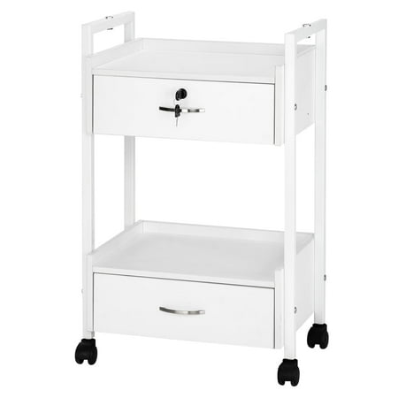 Esthetician Cart, Salon Trolley Cart with 2 Drawers 1 Lockable, Salon Tray Wooden Mobile Utility Cabinet, Medical Esthetic Rolling Cart for Beauty SPA Massage Tattoo Facials, White