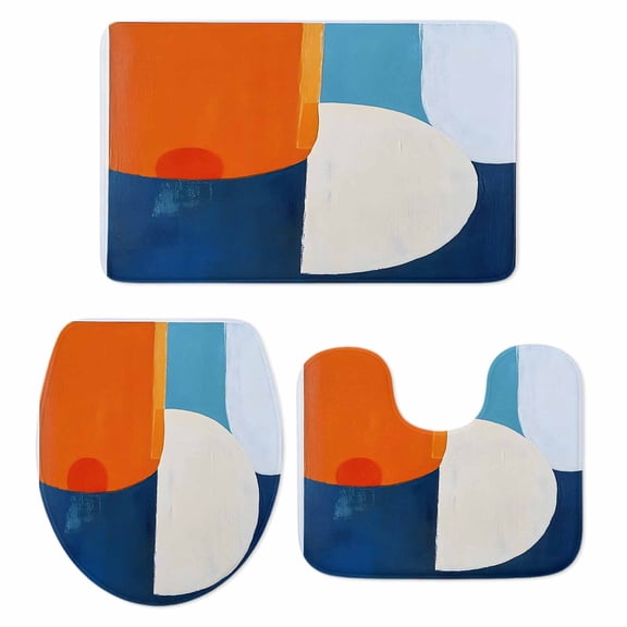 Blue Burnt Orange Bath Mat 3 Piece Bathroom Rug Set, Modern Oil Painting Geometric Non Slip Bath Rug Contour Mat and Toilet Lid Cover, Absorbent Shower Mats Soft Bath Rugs and Mats Sets