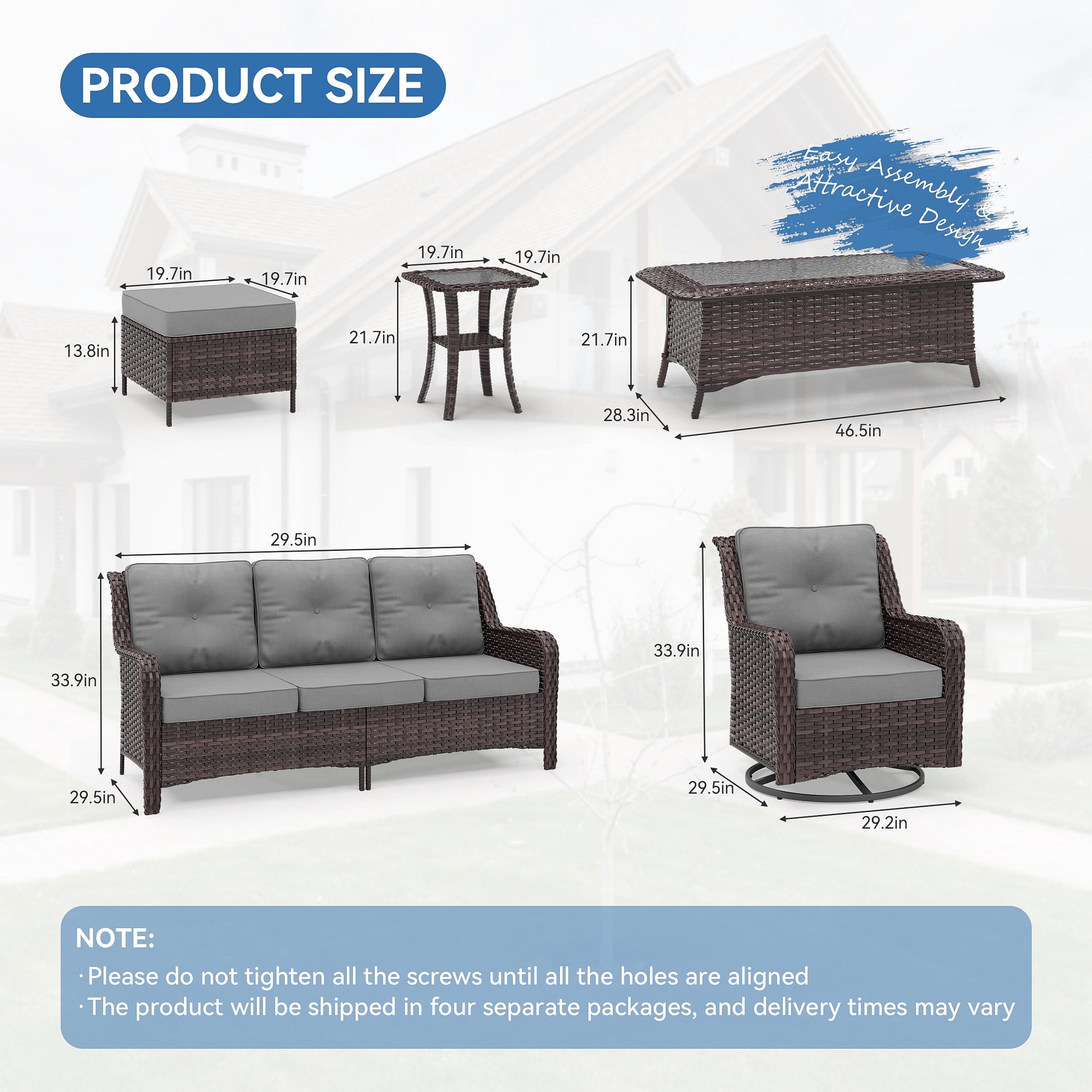 ALAULM 7PCS Rattan Patio Furniture Set, Wicker Outdoor Sofa Set w/2 Swivel Rocking Chairs, 2 coffee tables of different sizes, 2 Ottomans, Gray