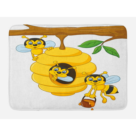 Nursery Bath Mat, Branch of Tree with Beehive and Bees Honey Funny Insect Hardworking Mascot, Non-Slip Plush Mat Bathroom Kitchen Laundry Room Decor, 29.5 X 17.5 Inches, Yellow Brown Green, Ambesonne