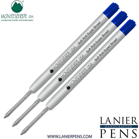 Lanier Combo Pack - 3 Pack - Monteverde Soft Roll Super Broad Ballpoint P15 Paste Ink Refill Compatible with most Parker Style Ballpoint Pens - Blue (Super Broad Tip 1.4mm)