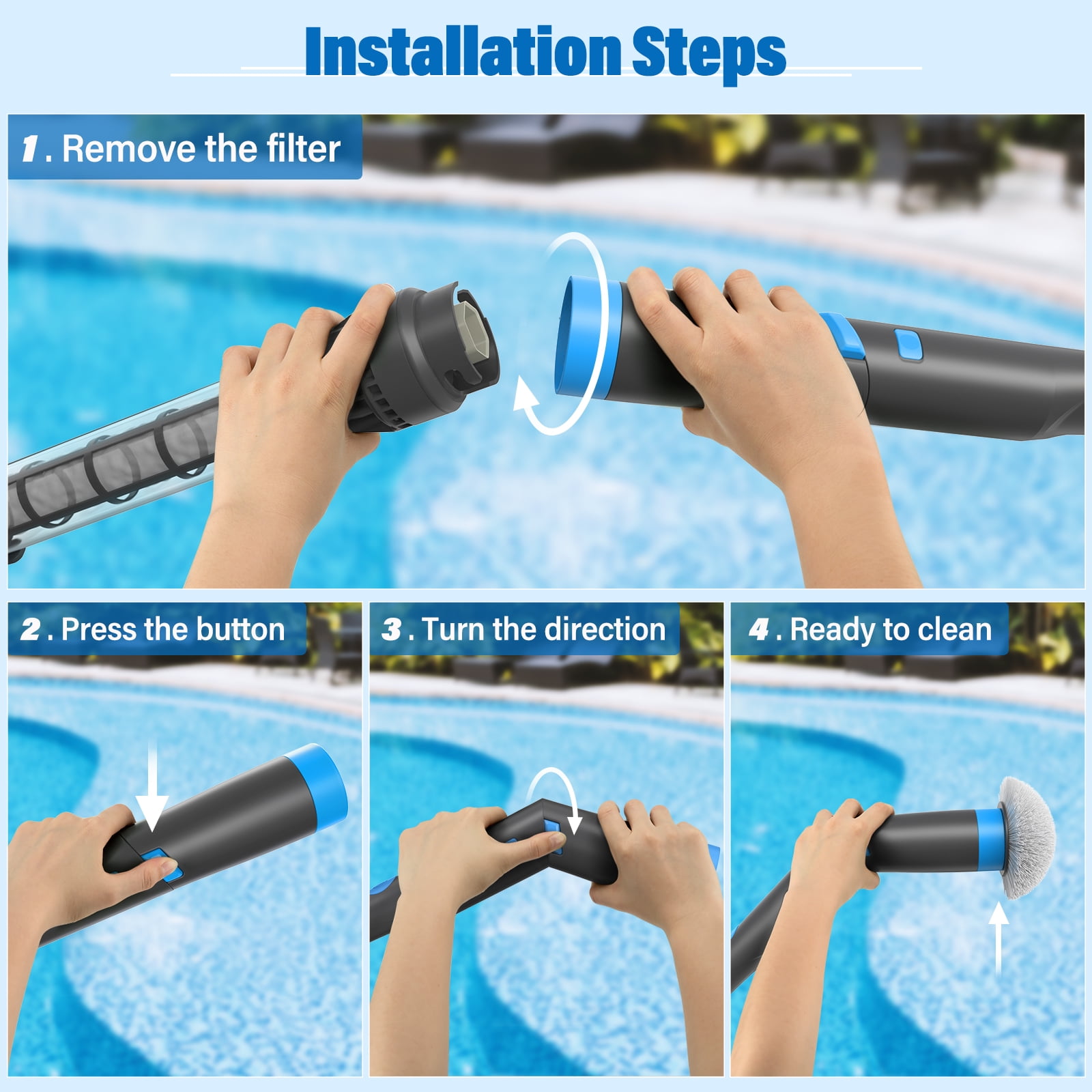 Efurden Handheld Pool Vacuum, Cordless Rechargeable Pool Cleaner with Round Brush for Spas, Hot Tubs and Small Pools (Blue)