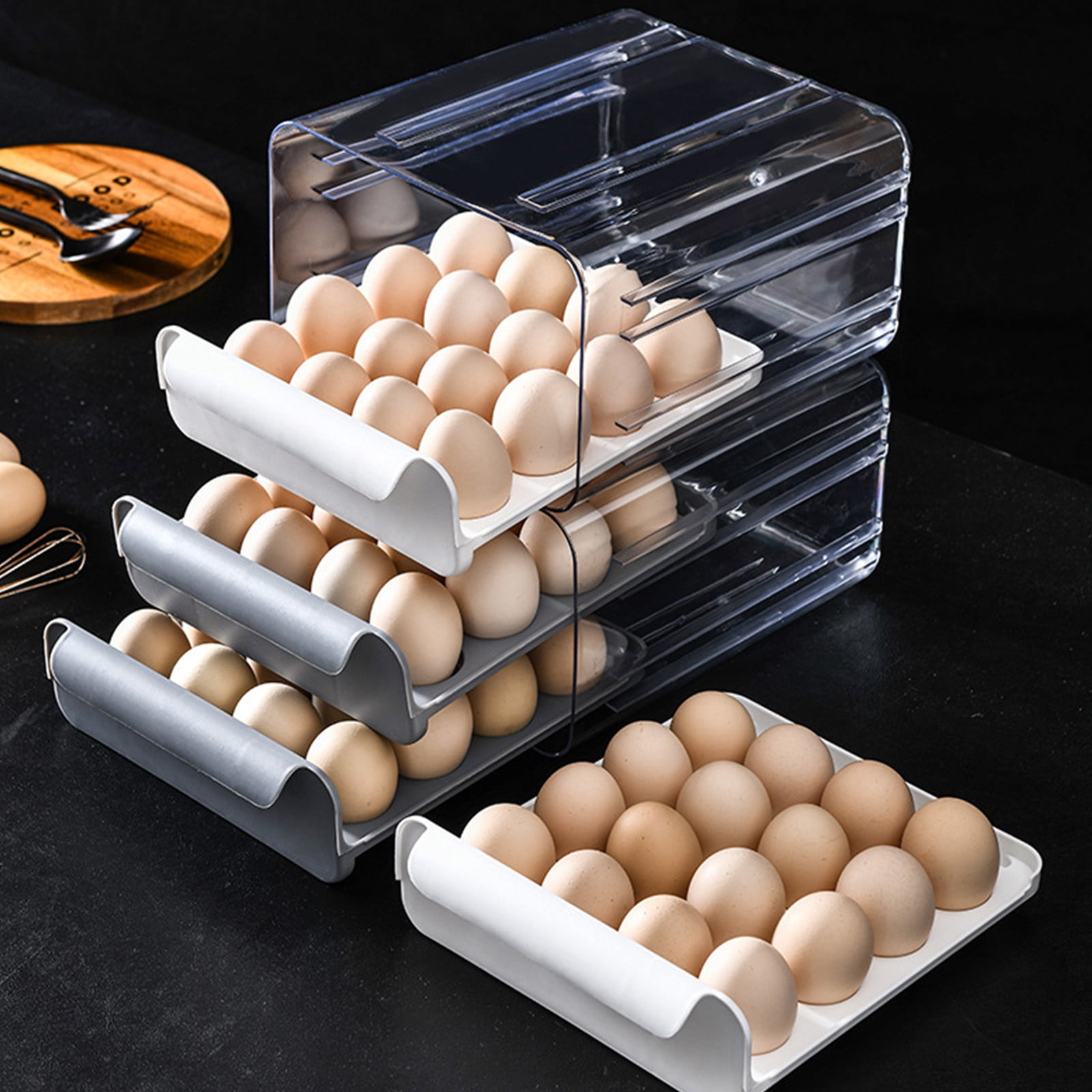 AYktou 32 Eggs Storage Box, Drawer-Type Egg Holders for Fridge Double Layer Large-Capacity Eggs Storage Tray Stackable Egg Rack, Kitchen Thickened Storage Bin Egg Organizer Container for Household