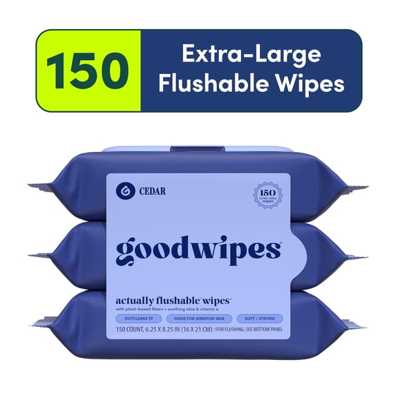 goodwipes Flushable Butt Wipes, Cedar Scented, 3 Pack, 150 Total XL Wipes