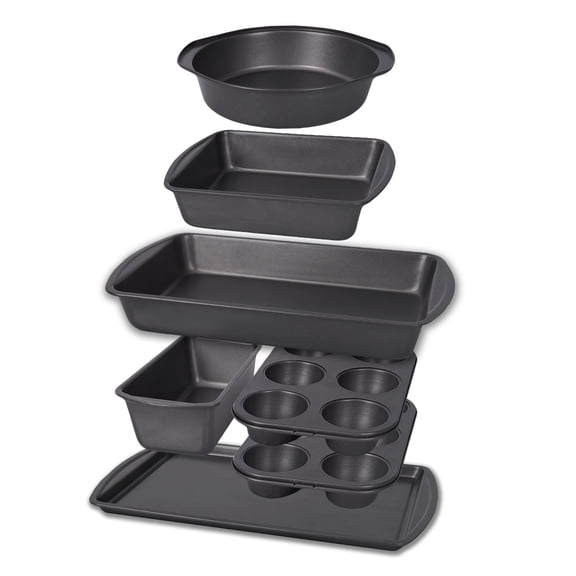 LISI 7-Piece Carbon Steel Non-Stick Bakeware Set with Muffin, Loaf, Cake, Roasting and Baking Pans, Heavy-Duty Carbon Steel Baking Sheets