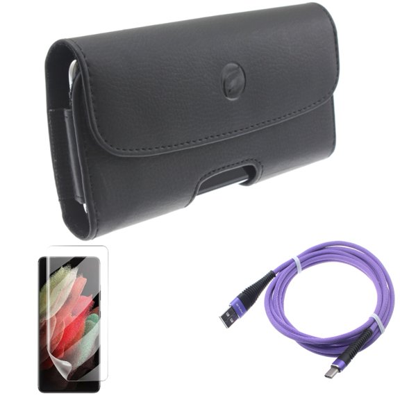 10ft USB Cable & Case Belt Clip & Matte Screen Protector for Samsung Galaxy S21 Ultra Phone - Purple Type-C & Leather Holster & TPU Film Anti-Glare Accessory Bundle