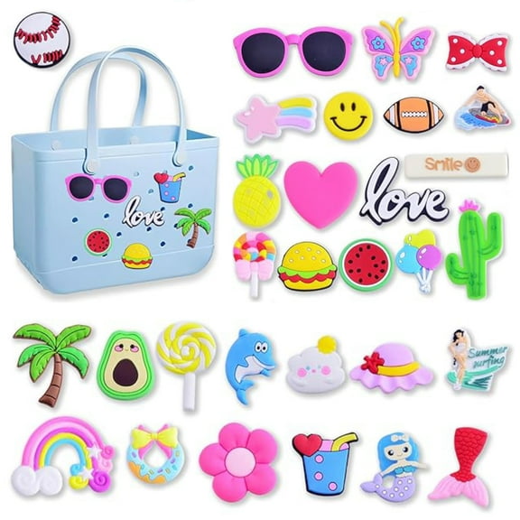 DIY Charms for Bogg Bag, 30pcs Accessories Letters Flowers Baseball Beach Cute Decoration Bag Charms for Bogg Bag Rubber Tote Beach Bags