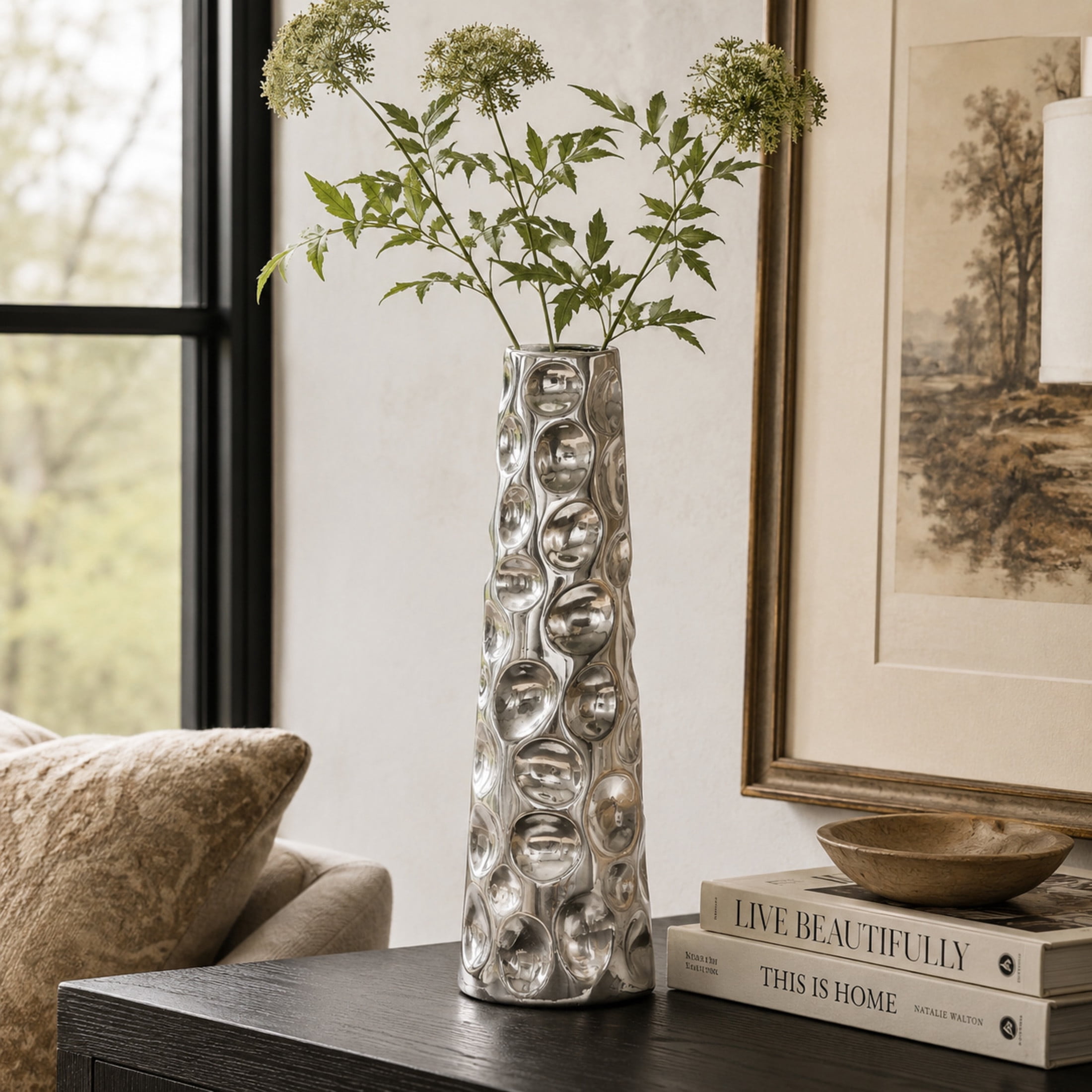 DecMode 20" Cone Silver Ceramic Vase with Concaved Bubble Texture