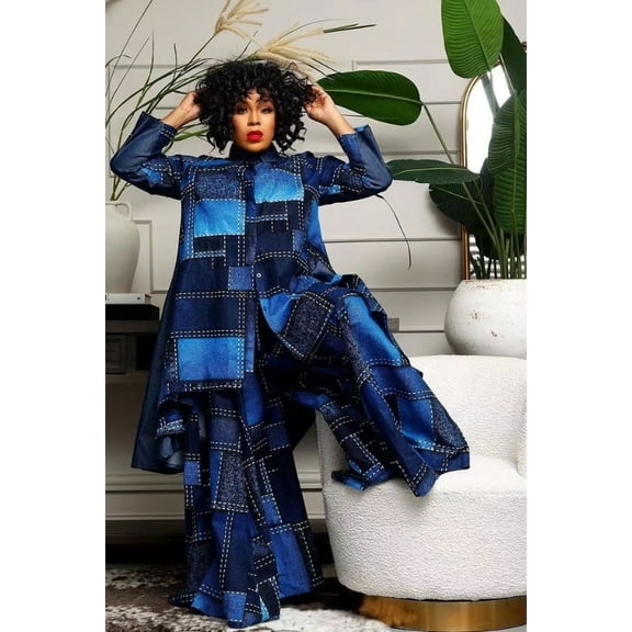 Color Block Denim-Lookalike Two Piece (S, MultiBlue)