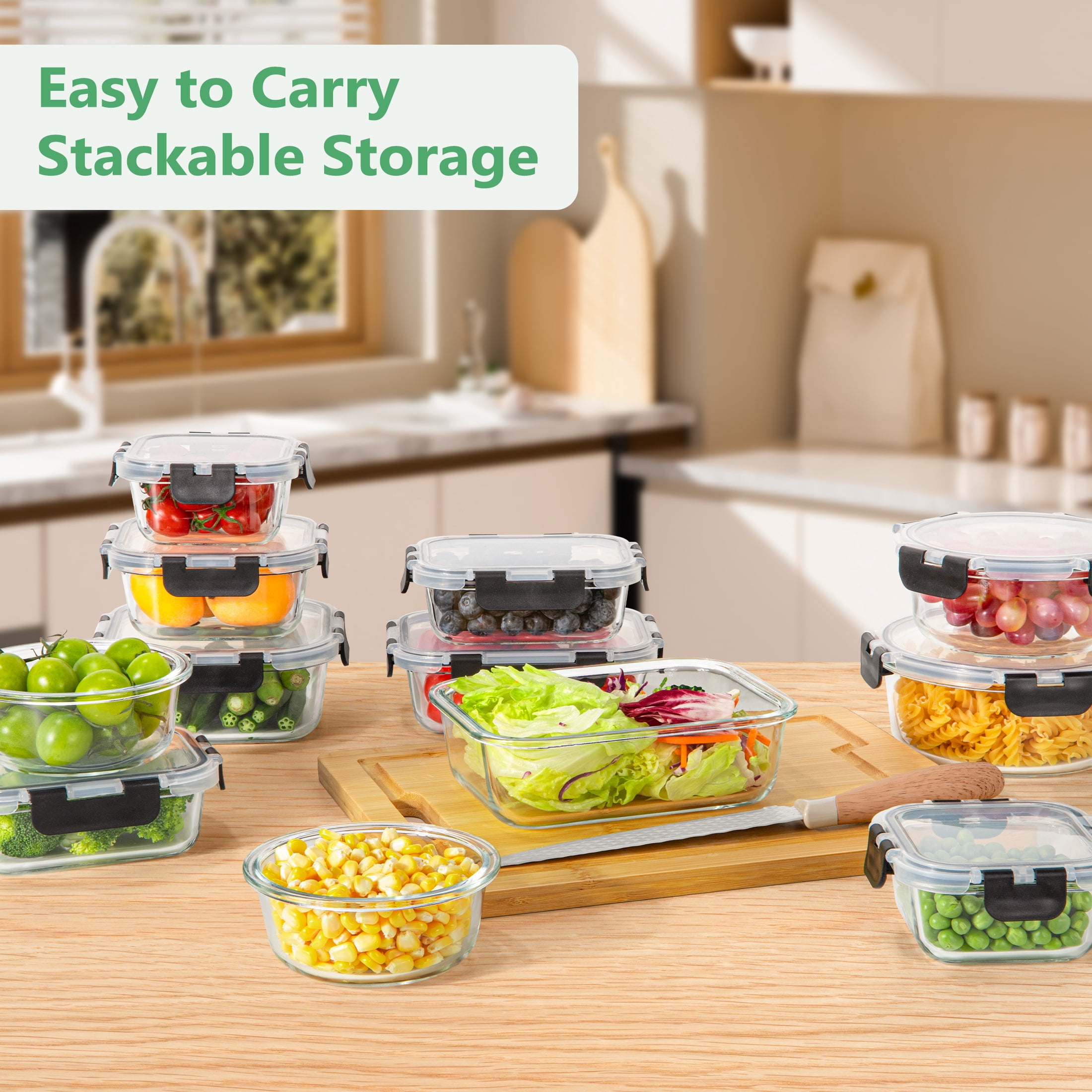 GPED 34-Piece Glass Food Storage Container Set, Glass Meal Prep Containers with Snap-Locking Lids, Glass Lunch Box, Airtight Bento Box, for Microwave, Oven, Freezer, and Dishwasher Safe, Black
